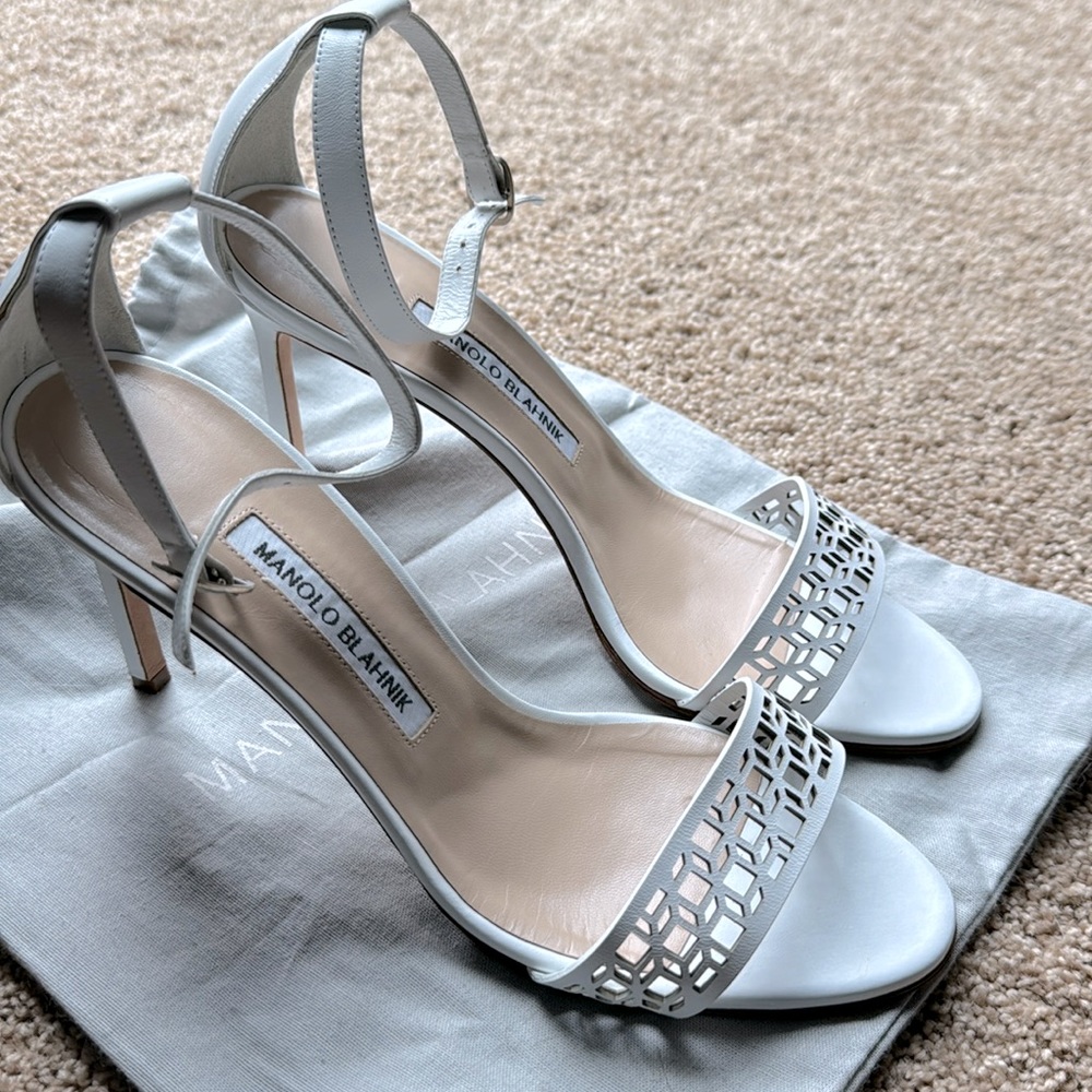 Manolo Blahnik , white , leather , ankle strap heels
